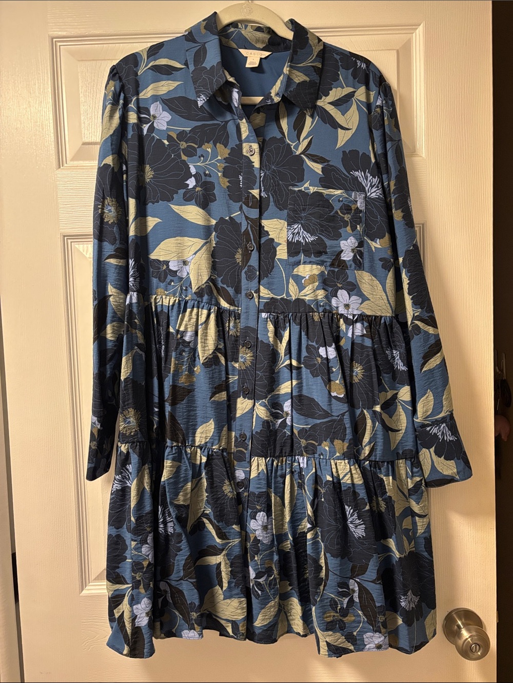 Caslon Blue Floral Tiered Button-Up Long Sleeve Dress